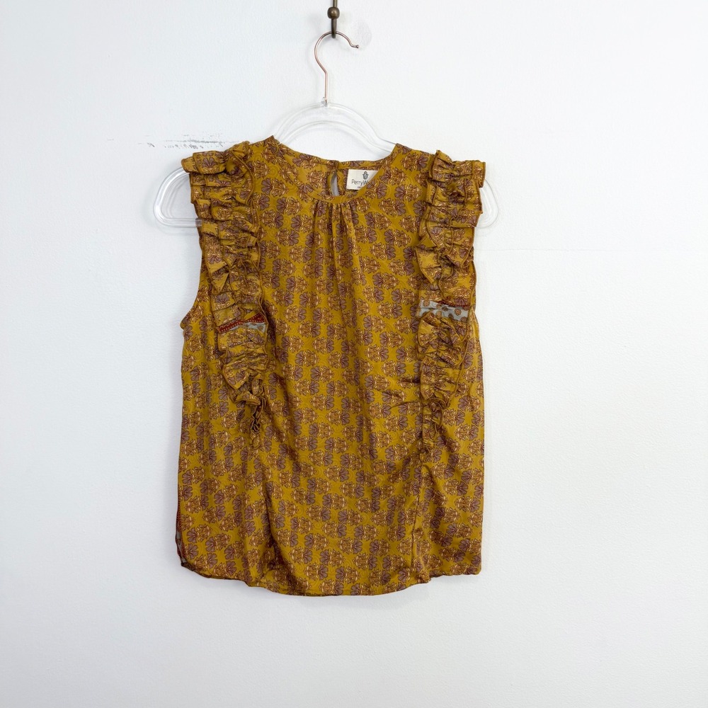Perry Walker Collective Silk Blend Ruffle Sleeveless Blouse Mustard Floral 1‎